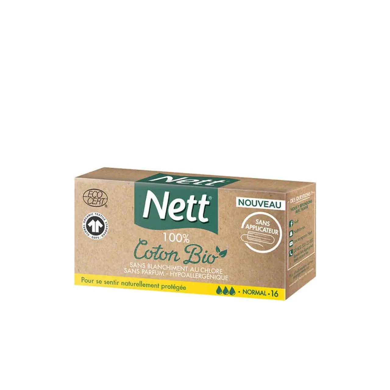 Nett Tampons sans applicateur normal bio 100 % coton x16