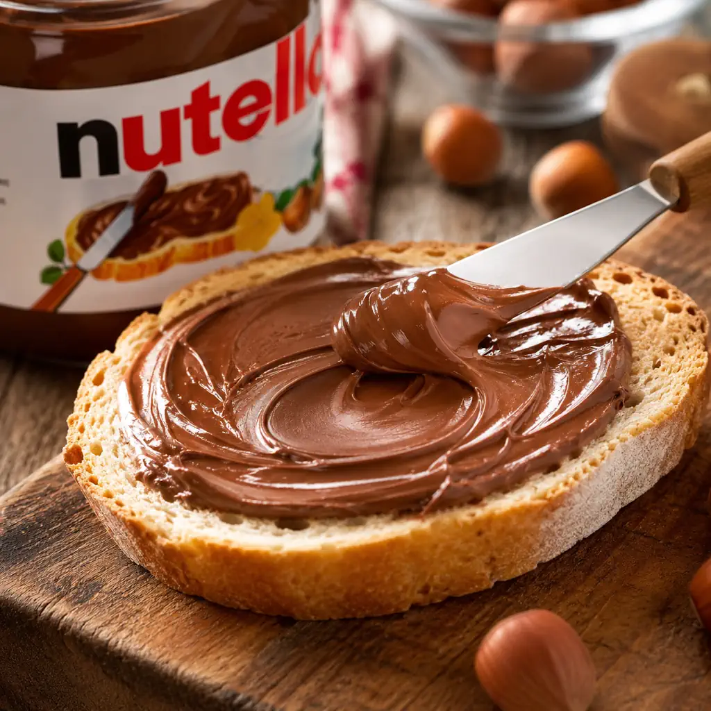Tartine de pain recouverte de pâte à tartiner Nutella® avec un couteau en train de l'étaler