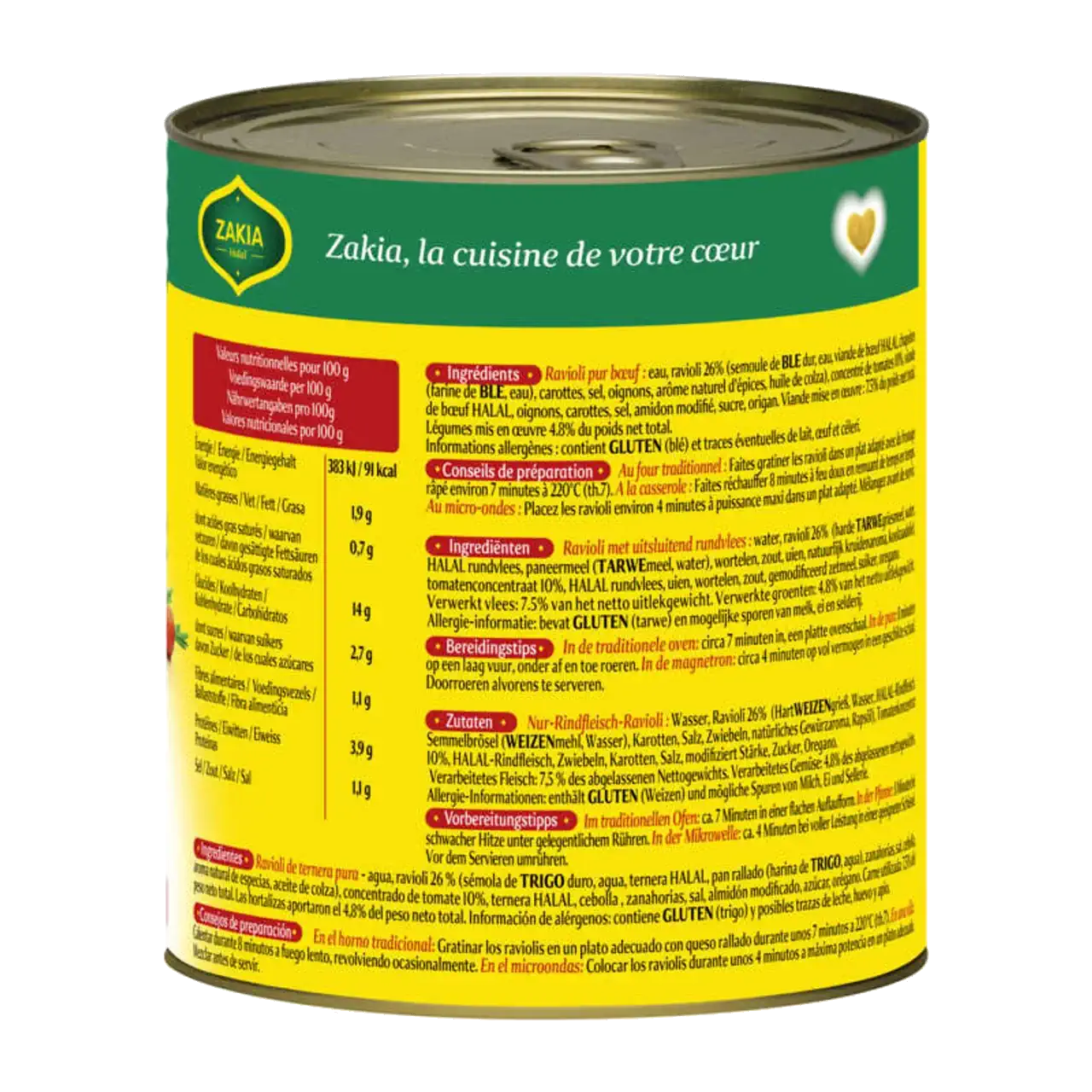 Boîte de ravioli au bœuf certifié halal Zakia® 800g